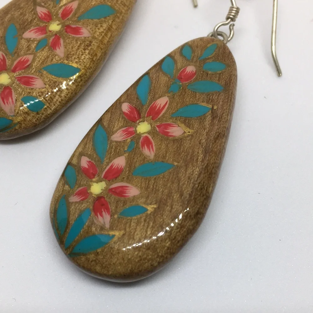 Hand Painted Walnut Wood Sterling Silver Teardrop Earrings Turquoise Pink Floral - Picture 3 of 8